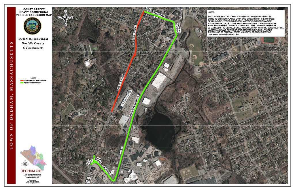 Aerial map of Court Street HCVE exclusions. The red line shows the existing exclusion at all times. The green line is a MassDOT approved alternate route.