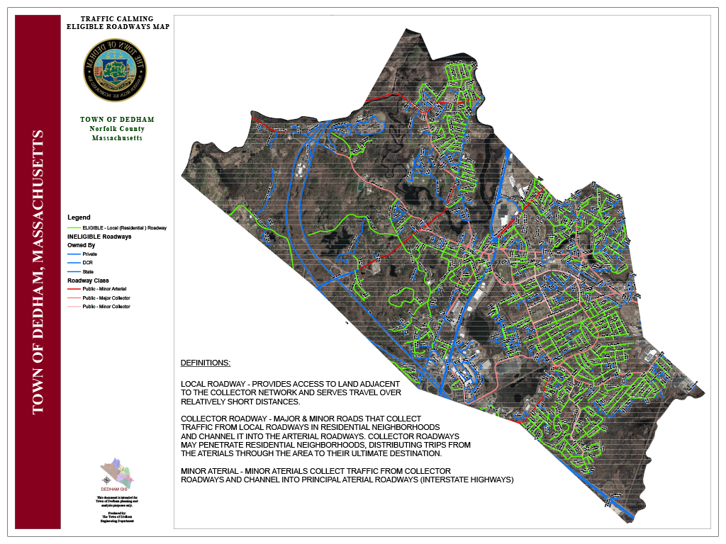 Aerial town-wide map of Dedham roadways. The green roadways are eligible for exclusions. The blue and red roadways are ineligible roadways.