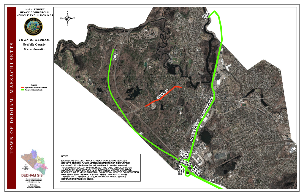 Aerial map of High Street HCVE exclusions. The red line shows the existing exclusion at all times. The green line is a MassDOT approved alternate route.