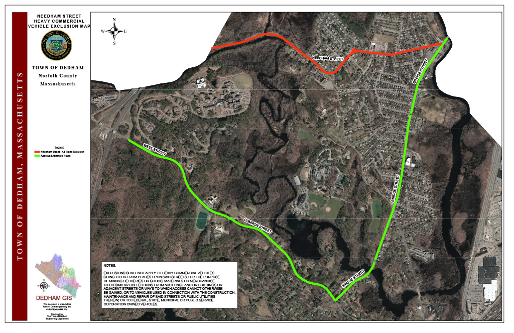 Aerial map of Needham Street HCVE exclusions. The red line shows the existing exclusion at all times. The green line is a MassDOT approved alternate route.