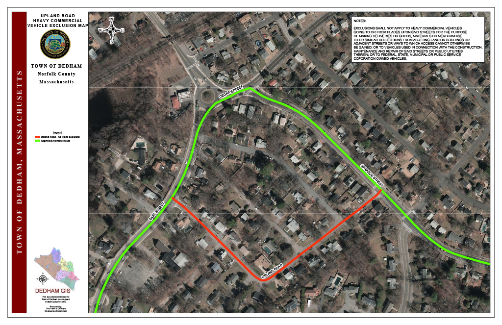 Aerial map of Upland Road HCVE exclusions. The red line shows the existing exclusion at all times. The green line is a MassDOT approved alternate route.