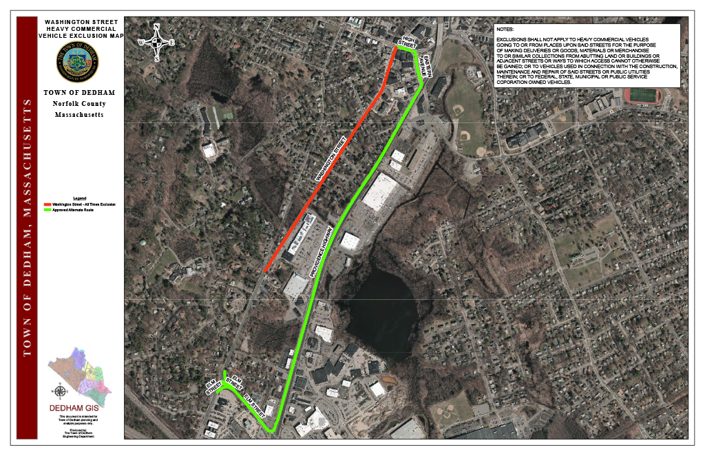 Aerial map of Washington Street HCVE exclusions. The red line shows the existing exclusion at all times. The green line is a MassDOT approved alternate route.