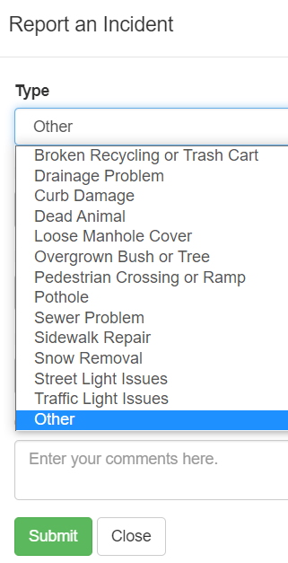 menu of incident types