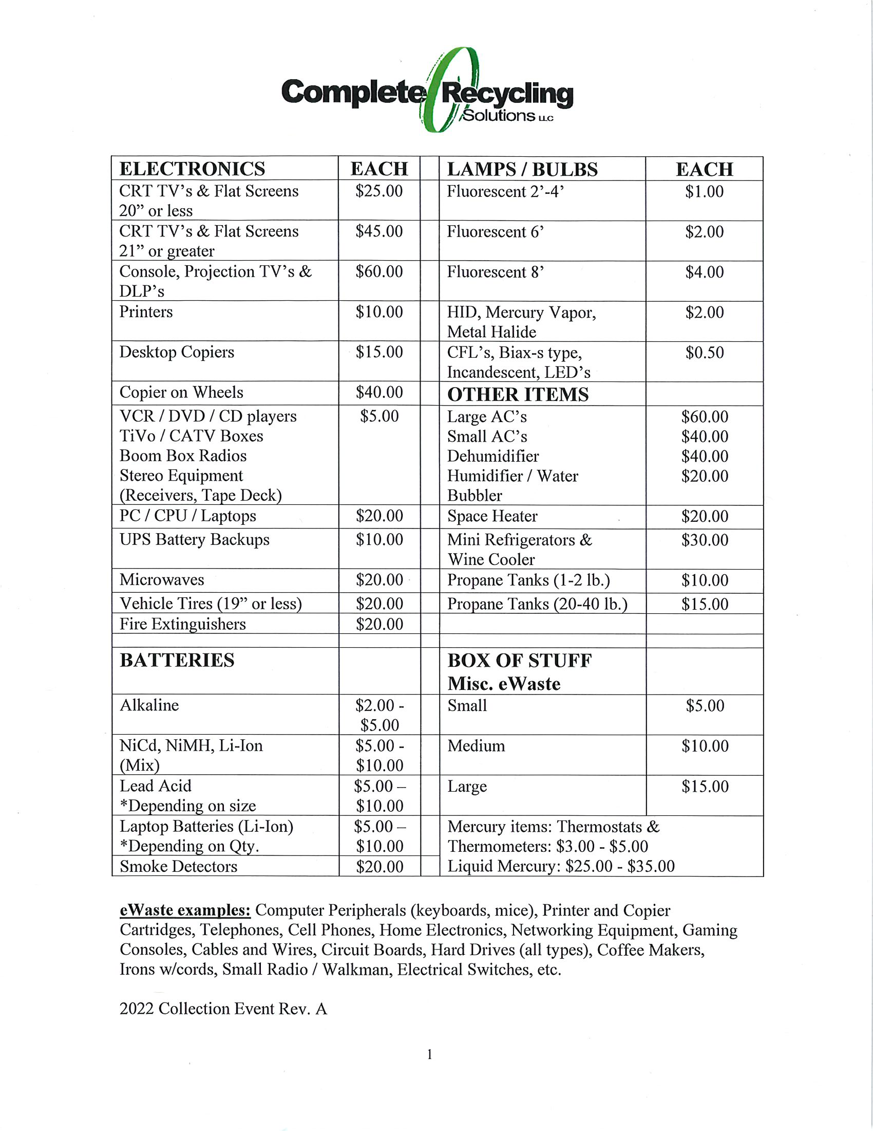 2022 Recycling Day Electronics Recycling Price List