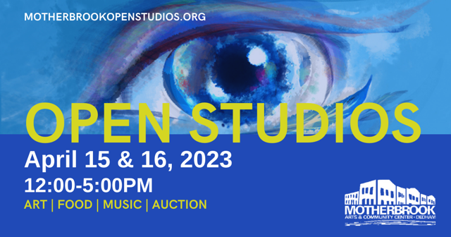 MBACC Open Studios flyer with painted eye in back ground and green and white lettering