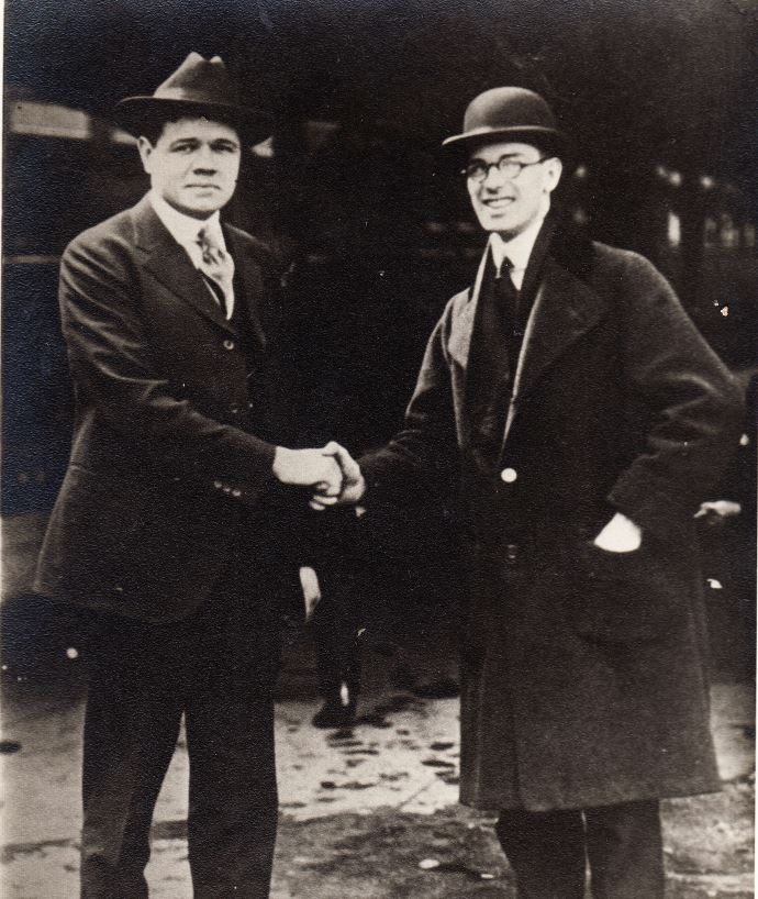 Babe Ruth shaking the hand of Charlie Donelan.